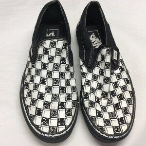 Vans Skate Shoes Men 7.5 Women 9 Black White Canvas Doodle Checkerboard Slip On
